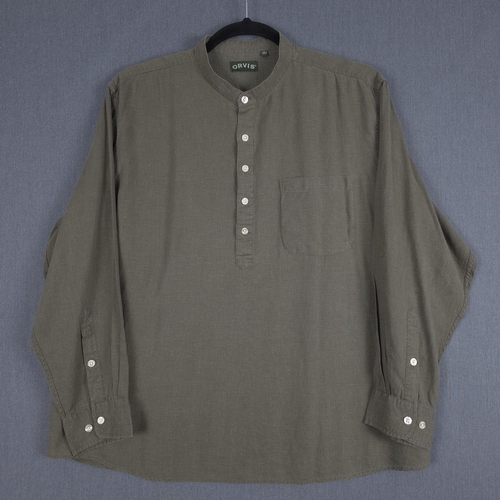 Orivs Grandad Collar Popover Mens‎ XL Green Hemp Blend Long Sleeve Shirt